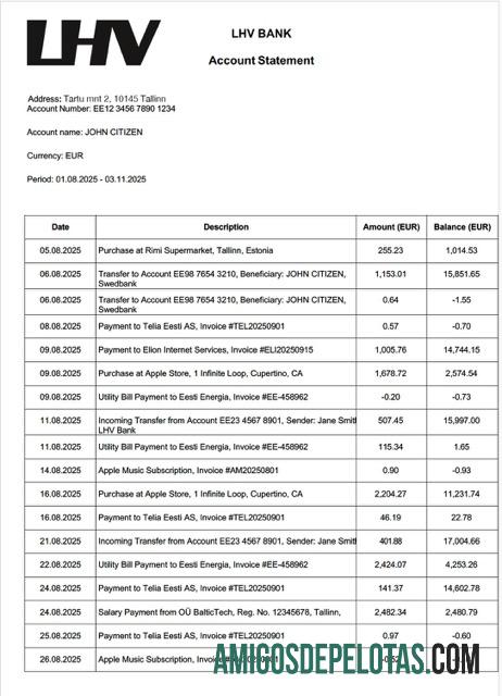 Modelo de extrato de conta bancária LHV da Estônia para impressão em Word e PDF